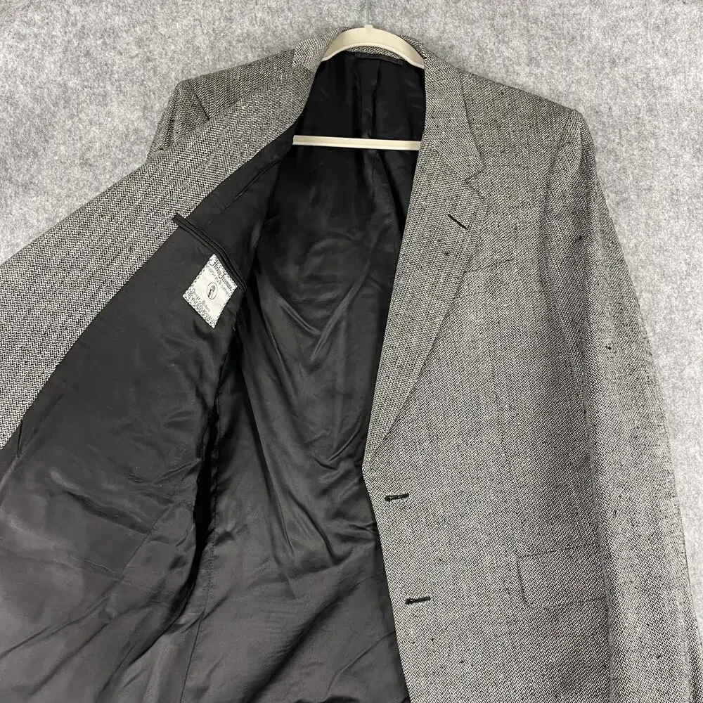 Hickey Freeman Silk Blazer Sport Coat Mens 42L Gray‎ Tweed Herringbone Boardroom